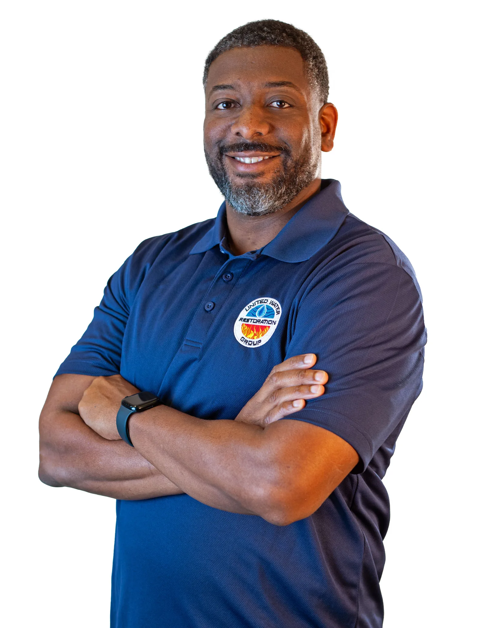 Portrait of a United Water Restoration Group of Missouri City team member in a company polo shirt